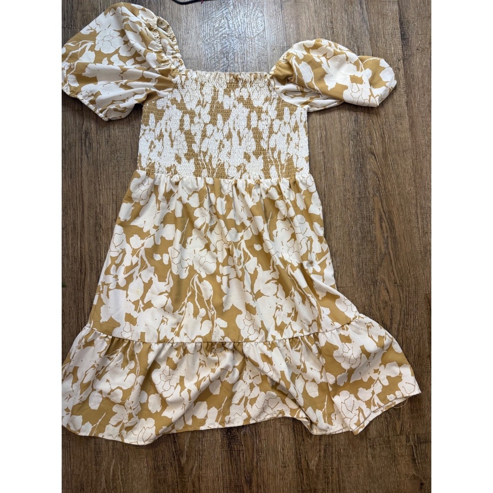 Mango MNG Floral Smocked Puff Sleeve Mini Dress Mustard Yellow White Size S - Picture 2 of 7